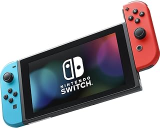 Nintendo Switch с неоново-синими и неоново-красными контроллерами Joy-Con.