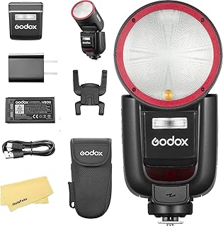 Фотовспышка Godox V1 Pro C (версия для США), совместимая с камерами Canon Speedlite, мощность 76 Вт·с, 2,4 ГГц TTL, выдержка 1/8000 HSS, 500 вспышек на полной мощности, время перезарядки 1,3 с, литий-ионный аккумулятор 2980 мА·ч, светодиодная моделирующая лампа.