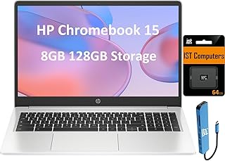 HP Chromebook 15 15,6" HD (Intel Pentium N6000, 8 ГБ ОЗУ, 128 ГБ памяти (64 ГБ eMMC + 64 ГБ SD-карта), графика UHD, цифровая клавиатура) Ноутбук для дома и учебы, антибликовое покрытие, веб-камера, Wi-Fi, Chrome OS, серебристый