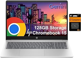 Ноутбук HP Chromebook 15 (15,6" с антибликовым покрытием, процессор Intel N200 (> i3-1115G4), 8 ГБ оперативной памяти DDR5, 128 ГБ встроенной памяти (64 ГБ eMMC + 64 ГБ SD-карта), цифровая клавиатура) для дома и учебы, веб-камера с затвором, Wi-Fi, Chrome OS, серебристый.
