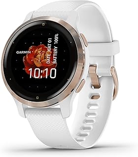 Garmin Venu 2S, компактные GPS-смарт-часы с расширенными функциями мониторинга здоровья и фитнеса, безель цвета розового золота, белый корпус и силиконовый ремешок.