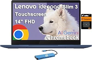 Ноутбук Lenovo IdeaPad Slim 3 Chromebook (14-дюймовый сенсорный экран FHD, 8-ядерный процессор MediaTek Kompanio 520, 4 ГБ ОЗУ, 128 ГБ памяти (64 ГБ eMMC + 64 ГБ SD)), антибликовое покрытие, веб-камера, 13-часовое время автономной работы, IST HUB, Chrome OS, синий цвет.