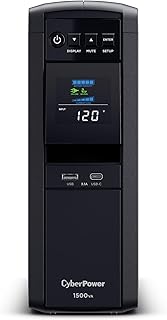 Источник бесперебойного питания CyberPower CP1500PFCLCD с коррекцией коэффициента мощности (PFC), синусоидальный, резервное питание от батареи и защита от перенапряжения, 1500 ВА/1000 Вт, 12 розеток, AVR, корпус типа Mini Tower; сертифицирован UL.