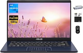 Ноутбук ASUS Vivobook Ultrathin Go 2024 года, новейшая модель, 14-дюймовый FHD-дисплей, двухъядерный процессор Intel Celeron N4500 (до 2,80 ГГц), 4 ГБ ОЗУ, 128 ГБ памяти (64 ГБ eMMC + 64 ГБ SD), веб-камера, длительное время автономной работы, Windows 11S + аксессуары Marxsol.