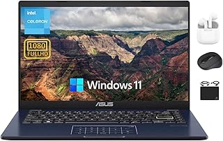 Портативный ноутбук ASUS 14” FHD, флагманская модель 2024 года, двухъядерный процессор Intel Celeron N4500, 4 ГБ ОЗУ, 128 ГБ памяти (64 ГБ eMMC + 64 ГБ SD), Wi-Fi, веб-камера 720p, более 10 часов автономной работы, Windows 11S + HubxcelAccessory.