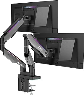 MSI MPG MT201DR — Премиальные подставки для двух мониторов с RGB-подсветкой, поддержка экранов 17-35 дюймов, совместимость с VESA, регулируемое крепление на газовых пружинах повышенной прочности, грузоподъемность 44 фунта на экран, зажим и втулка, быстросъемная пластина — серый цвет.