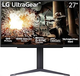 LG 27GS75Q-B 27-дюймовый игровой монитор Ultragear QHD (2560x1440), 180 Гц (разгон до 200 Гц), 1 мс, IPS, совместимость с NVIDIA G-SYNC, AMD FreeSync, HDR10, регулируемая по высоте и углу наклона подставка, HDMI, DisplayPort, черный