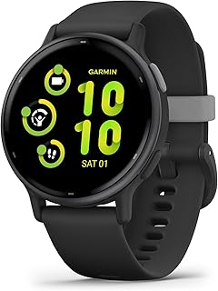 Garmin Vívoactive 5, умные часы для здоровья и фитнеса с GPS, AMOLED-дисплей, до 11 дней автономной работы, безель из алюминия цвета сланца с черным корпусом и силиконовым ремешком.