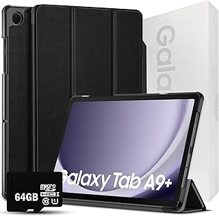 Планшет Samsung Galaxy Tab A9+ 11” 128GB 5G | Android 13 WiFi Сенсорный экран | Большой экран, четыре динамика, тонкий корпус | Комплект планшета - жесткий чехол-подставка + карта памяти SD 64 ГБ (серый) | MdTec