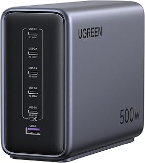 Зарядная станция UGREEN Nexode 500W GaN для быстрой зарядки — 6 портов USB-C и USB-A, мощность одного порта 240 Вт, интеллектуальный контроль температуры, компактный дизайн, подходит для ноутбуков, телефонов и многого другого.
