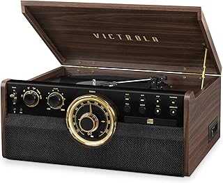 Victrola The Empire Mid-Century 6-в-1 проигрыватель виниловых пластинок и мультимедийный центр со встроенными динамиками – 3 скорости, Bluetooth, радио, кассетный и CD-проигрыватель, RCA-выход, разъем для наушников (цвет эспрессо)