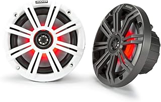 Морские коаксиальные динамики KICKER KM65 6,5 дюймов (165 мм) с 3/4-дюймовыми твитерами, светодиодной подсветкой, сопротивлением 4 Ом, угольно-черной и белой защитной решеткой.