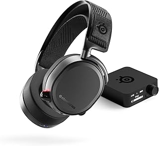 Беспроводная игровая гарнитура SteelSeries Arctis Pro — высококачественная беспроводная связь 2,4 ГГц — возможность подключения нескольких устройств Bluetooth — непрерывная работа от двух батарей — OLED-дисплей на базовой станции — микрофон с шумоподавлением и искусственным интеллектом — для ПК, PS5, PS4, мобильных устройств — черная