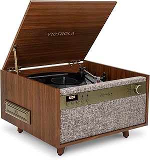 Victrola Century 6-в-1 Виниловый проигрыватель и музыкальный центр – 3-скоростной проигрыватель, CD и кассетный плеер, VINYLSTREAM, Bluetooth и 3,5-мм AUX, проигрыватель виниловых пластинок со встроенными динамиками, дизайн в стиле середины века (орех).