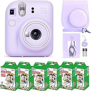 Фотоаппарат Fujifilm Instax Mini 12 с моментальной фотопленкой Fujifilm Instant Mini (60 листов) в комплекте с аксессуарами от Deals Number One, включая чехол для переноски, фотоальбом и наклейки (сиренево-фиолетовые).