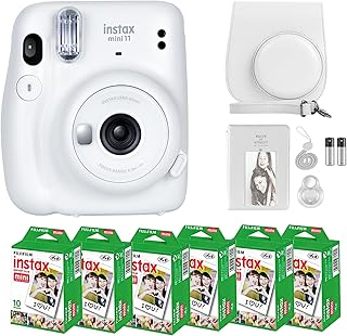 Фотоаппарат Fujifilm Instax Mini 11 с моментальной фотопленкой Fujifilm Instant Mini (60 листов) в комплекте с аксессуарами от Deals Number One, включая чехол для переноски, селфи-объектив, фотоальбом и наклейки (белый цвет).
