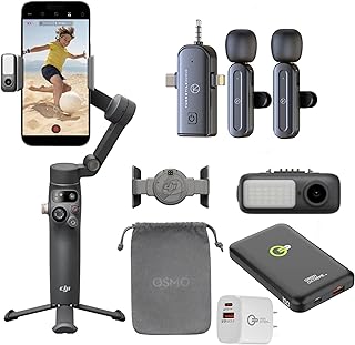 Стабилизатор DJI Osmo Mobile 7P для iPhone, Android, Lightning, 3-осевой подвес для телефона, встроенная удлинительная штанга и штатив, 10 часов работы, зарядка телефона + портативное зарядное устройство + беспроводной микрофон + адаптер питания 20 Вт