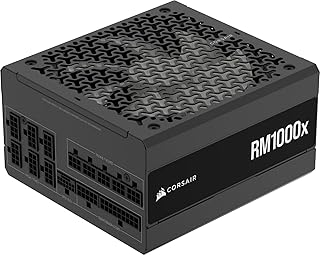 Блок питания CORSAIR RM1000x, полностью модульный, малошумный, формата ATX – совместим с ATX 3.1 – поддерживает PCIe 5.1 – имеет сертификат Cybenetics Gold – имеет встроенный разъем 12 В-2x6 – черный.