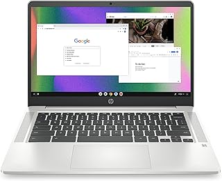 Ноутбук HP Chromebook 14, процессор Intel Celeron N4120, 4 ГБ ОЗУ, 64 ГБ eMMC, 14-дюймовый HD-дисплей, Chrome OS, тонкий дизайн, графика 4K, длительное время автономной работы, клавиатура пепельно-серого цвета (14a-na0226nr, 2022, цвет Mineral Silver)