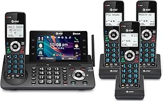 Беспроводной DECT-телефон AT&T с 4 трубками, поддержкой DECT 6.0, автоответчиком, 5-дюймовым цветным дисплеем, функцией быстрого доступа одним касанием, конференц-связью, внутренней связью, интеллектуальной блокировкой вызовов и подключением к сотовой сети по Bluetooth: DLP73490