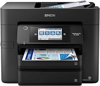Многофункциональный беспроводной принтер Epson Workforce Pro WF-4830 с автоматической двусторонней печатью, копированием, сканированием и факсом, автоподатчиком на 50 страниц, лотком для бумаги на 500 листов и 4,3-дюймовым цветным сенсорным экраном, совместим с Alexa, черный, большой формат.