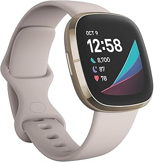 Умные часы Fitbit Sense Advanced с инструментами для мониторинга здоровья сердца, управления стрессом и отслеживания температуры кожи, бело-золотые, один размер (ремешки размеров S и L в комплекте).
