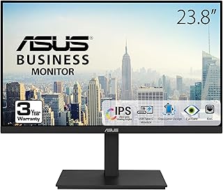 Монитор ASUS 23,8 дюйма, 1080P, док-станция (VA24ECPSN) - Full HD, IPS, 75 Гц, Adaptive-Sync, встроенные динамики, защита зрения, низкий уровень синего света, отсутствие мерцания, USB-C, RJ45, HDMI, безрамочный дизайн, регулировка высоты, возможность настенного крепления VESA.