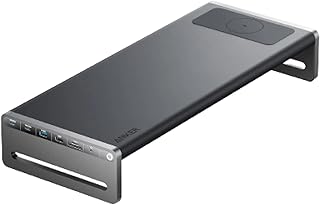 Док-станция Anker 675 USB-C: подставка для монитора 12-в-1 с зарядкой мощностью 100 Вт, беспроводным зарядным устройством, HDMI 4K, слотами для SD/microSD карт, Ethernet, портами USB-C/A для подключения ноутбука и телефона.