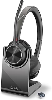 Беспроводная гарнитура Poly Voyager 4320 UC с зарядной подставкой (Plantronics) — стереонаушники с микрофоном на штанге с шумоподавлением — подключение к ПК/Mac/мобильным устройствам через Bluetooth — работает с Teams (сертифицировано), Zoom — эксклюзивно на Amazon