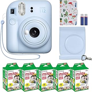 Фотоаппарат мгновенной печати Fujifilm Instax Mini 12 + комплект аксессуаров MiniMate и совместимый чехол + набор фотопленки Fuji Instax (50 листов) Дизайнерский фотоальбом Flamingo (пастельно-голубой)
