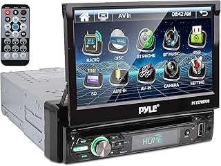 Автомагнитола Pyle PLTS78DUB Single DIN с 7-дюймовым сенсорным дисплеем, CD/DVD-плеером, Bluetooth-аудио и функцией громкой связи, встроенной мультимедийной системой с камерой заднего вида, AM/FM-радио и мощностью 320 Вт.