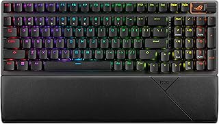Беспроводная игровая клавиатура ASUS ROG Strix Scope II 96, трехрежимное подключение, вспененные и демпфирующие накладки для переключателей, сменные без проводов переключатели ROG NX Snow с предварительной смазкой, колпачки клавиш из PBT-пластика, RGB-подсветка, черный цвет.