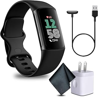 Фитнес-браслет Fitbit Charge 6 с функцией отслеживания сердечного ритма, GPS, инструментами для мониторинга здоровья и многим другим. Комплект из черного и бежевого цветов, салфетки для чистки и зарядного устройства.