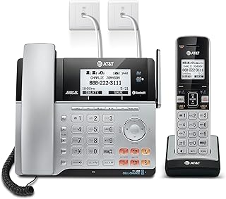 AT&T TL86103 Двухлинейный проводной/беспроводной телефон для малого бизнеса с автоответчиком, 2 почтовыми ящиками, функцией подключения к сотовой сети, озвучиванием номера звонящего, внутренней связью, питанием от линии, большим радиусом действия и возможностью расширения до 12 трубок.