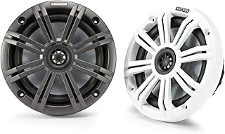 Морские коаксиальные динамики KICKER KM65 6,5 дюймов (165 мм) с твитерами 3/4 дюйма (20 мм), сопротивление 4 Ом, угольно-черные и белые защитные решетки.