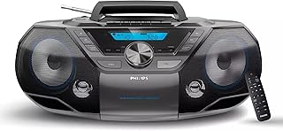 Портативный CD-плеер Philips Boombox с Bluetooth и кассетным проигрывателем — мощная стереосистема для дома с мощными басами, фазоинвертором, радио/USB/MP3/AUX входом и ЖК-дисплеем с подсветкой.