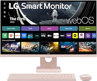 LG 27SR5BF-P 27-дюймовый смарт-монитор FHD (1920x1080) с поддержкой потокового ТВ, webOS, беспроводной клавиатурой, мышью, HDR10, IPS-дисплеем, webOS, динамиками, приложением ThinQ, пультом дистанционного управления, розовый