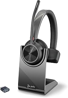 Беспроводная гарнитура Poly Voyager 4310 UC с зарядной подставкой (Plantronics) - Одноушная Bluetooth-гарнитура с шумоподавляющим микрофоном на штанге - Подключение к ПК/Mac/мобильным устройствам - Совместимость с Teams (сертифицировано), Zoom - Эксклюзивно на Amazon
