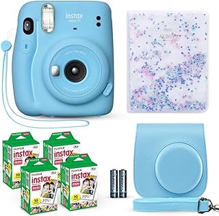 Фотоаппарат мгновенной печати Fujifilm Instax Mini 11 небесно-голубого цвета + набор фотопленки Fuji (40 листов) + комплект аксессуаров для затвора, включая совместимый чехол, фотоальбом с бусинами из зыбучего песка на 64 кармана.