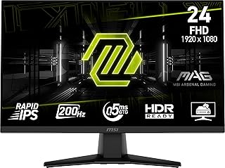 Игровой монитор MSI MAG 242F, 24 дюйма, 1920 x 1080 (FHD), 200 Гц, Adaptive-Sync, HDMI, DisplayPort, крепление VESA, регулировка наклона и высоты, встроенные динамики, время отклика 0,5 мс, черный.