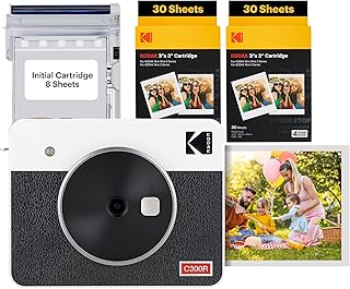 Фотоаппарат KODAK Mini Shot 3 Retro 4PASS 2-в-1: моментальная цифровая фотокамера и фотопринтер (3x3 дюйма) + комплект из 60 картриджей, белый.