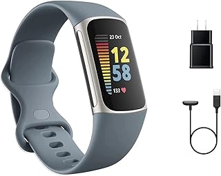 Фитнес-трекер Fitbit Charge 5 Advanced с GPS, пульсометром, датчиком сна и отслеживания состояния здоровья — комплект питания с адаптером (синий, нержавеющая сталь)