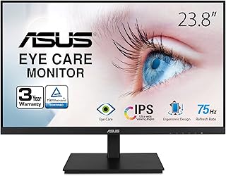 Монитор ASUS 23,8 дюйма, 1080P (VA24DQSB) - Full HD, IPS, 75 Гц, динамики, Adaptive-Sync, низкий уровень синего света, отсутствие мерцания, крепление VESA, безрамочный дизайн, HDMI, DisplayPort, VGA, USB-концентратор, регулировка высоты, черный, 12,8"x21,3"x2,1"