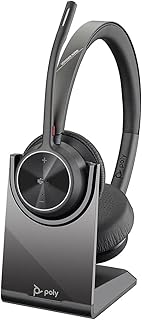 Poly - Беспроводная гарнитура Voyager 4320 UC + зарядная подставка (Plantronics) - Наушники с микрофоном - Подключение к ПК/Mac через Bluetooth-адаптер USB-C, к мобильному телефону через Bluetooth - Работает с Teams (сертифицировано), Zoom и другими приложениями.