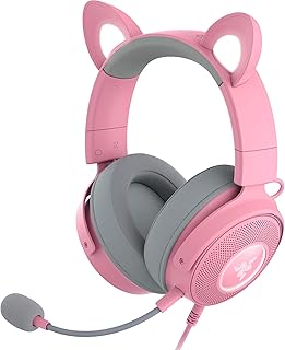 Проводная RGB-гарнитура Razer Kraken Kitty V2 Pro: сменные ушки (кошечка, медвежонок, зайчик) - подсветка, реагирующая на трансляции - съемный кардиоидный микрофон HyperClear - 50-мм драйверы - объемный звук 7.1 - кварцевый розовый