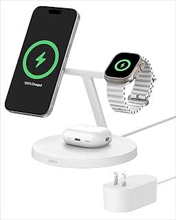 Беспроводная зарядная станция Belkin MagSafe, совместимая с Apple iPhone 16 серии, Apple Watch, AirPods, с нескользящей подставкой и блоком питания 40 Вт в комплекте — белая.