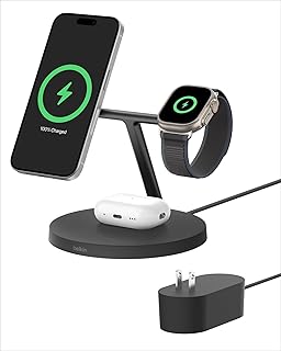 Беспроводная зарядная станция Belkin MagSafe, совместимая с Apple iPhone 16 серии, Apple Watch, AirPods, с нескользящей подставкой и блоком питания 40 Вт в комплекте — черная.