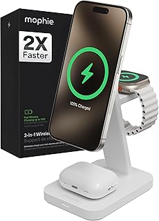Беспроводная зарядная подставка Mophie Snap+ 3-в-1 — сертифицирована MagSafe и Qi2, совместима с iPhone 16/15/14/13/12, Apple Watch, AirPods — магнитная зарядная станция для нескольких устройств, экологичный дизайн, белый цвет.