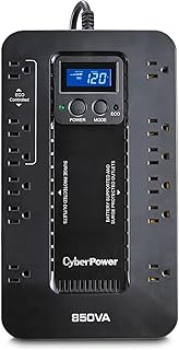 Источник бесперебойного питания CyberPower EC850LCD Ecoologic с резервным питанием от батареи и защитой от перенапряжения, 850 ВА/510 Вт, 12 розеток, режим ECO, компактный, сертифицирован UL.