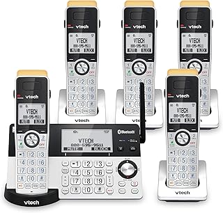 Беспроводной DECT-телефон VTech IS8151-5 с 5 трубками для дома, функцией автоответчика, радиусом действия 2300 футов, блокировкой вызовов, Bluetooth, разъемом для гарнитуры, резервным питанием, внутренней связью, возможностью расширения до 12 часов.